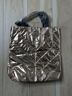 Victoria’s Secret Quilted Puffer Tote Bag Metallic Gold Large Shopper NWT